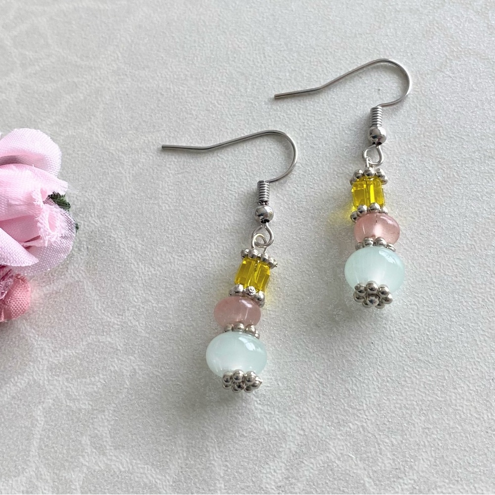 Hand Crafted Pastel Bead Drop Earrings in Mint, Pink & Yellow